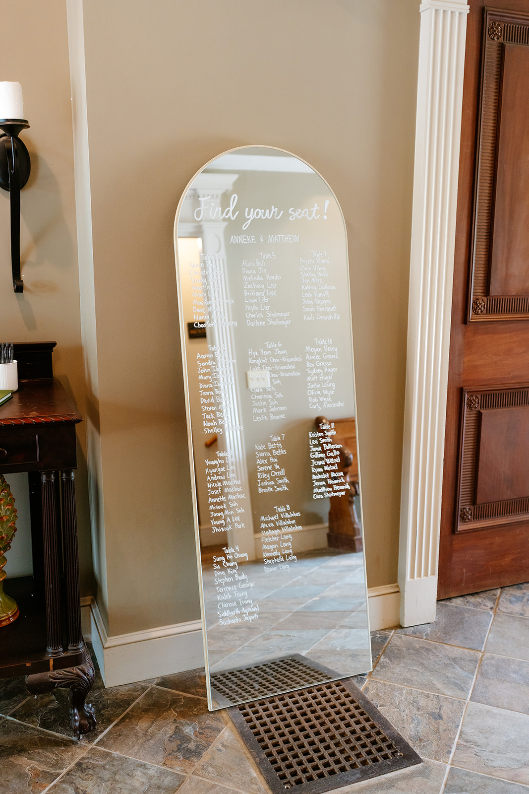 An elegant wedding seating plan displayed on a full-length mirror.