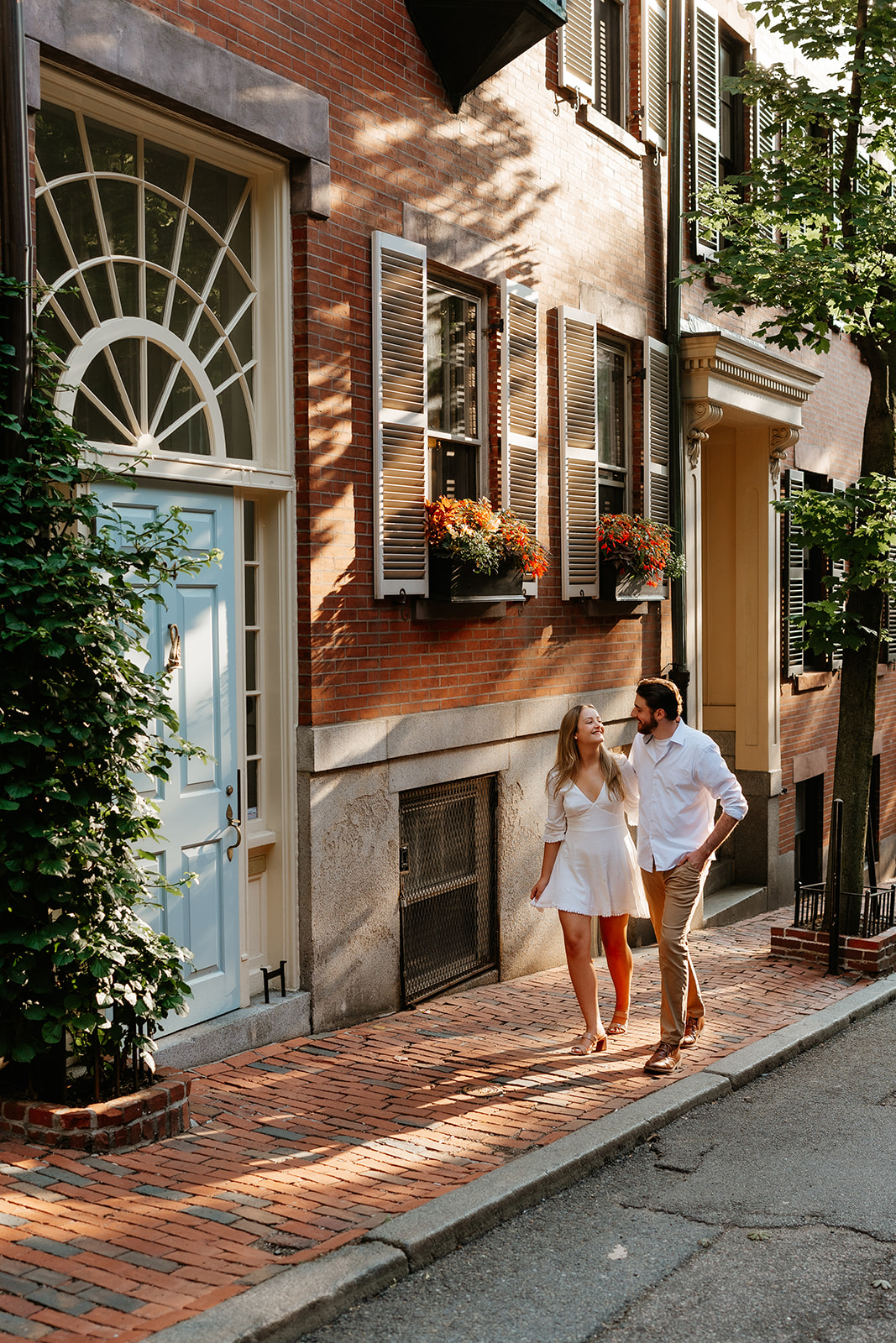 Couple walking down the streets of Beacon Hill for their Beacon Hill Couples Session