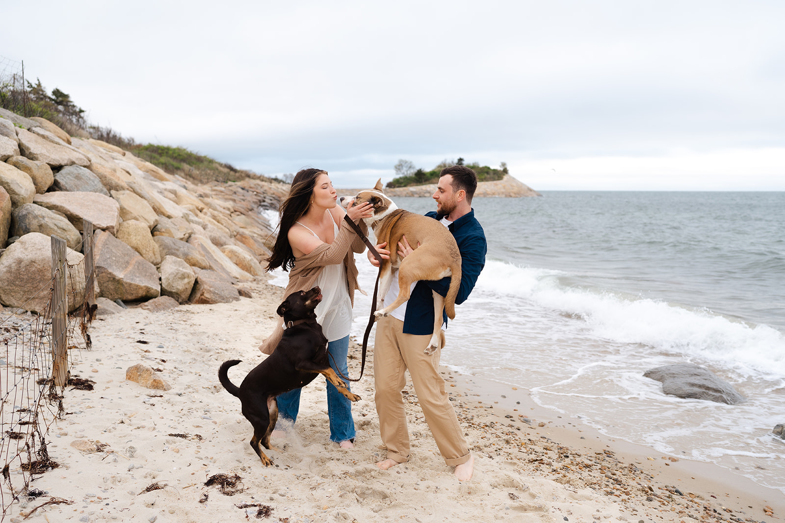 Engaged couple holding and kissing their puppies on the beach during their Cape Cod engagement