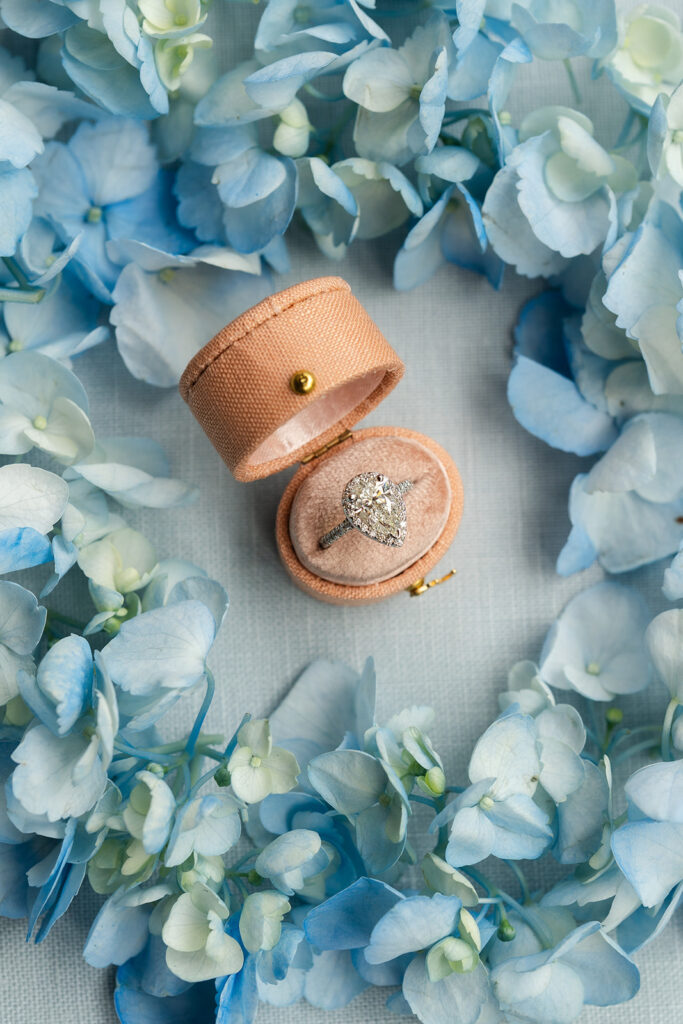 wedding details photo of bride's ring with blue flowers around