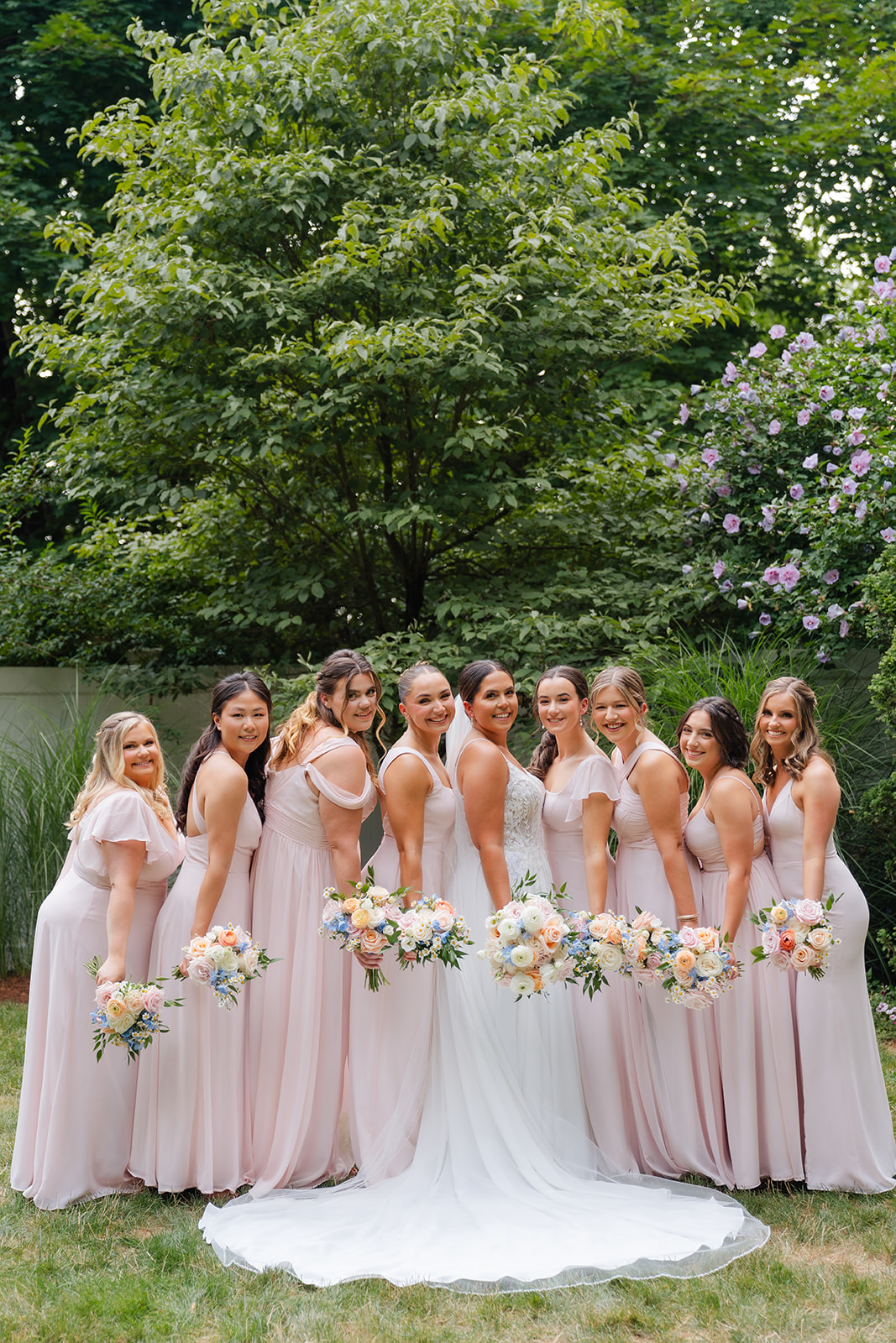 bridesmaids wearing pink dress 