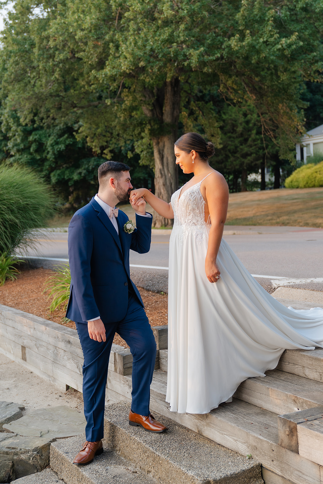 golden hour wedding portrait of bride and groom