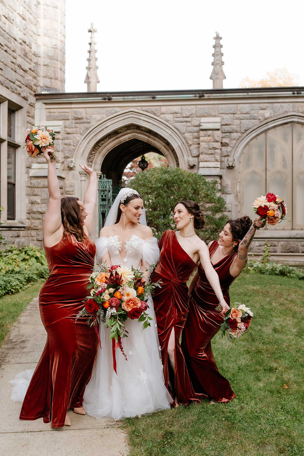 fall wedding ideas for the bridesmaids dresses wearing red velvet