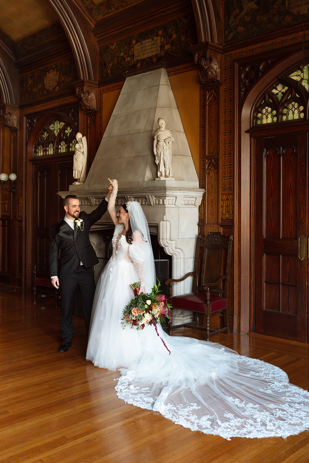 candid wedding portrait of bride and groom dancing captured at Unitarian Memorial Church