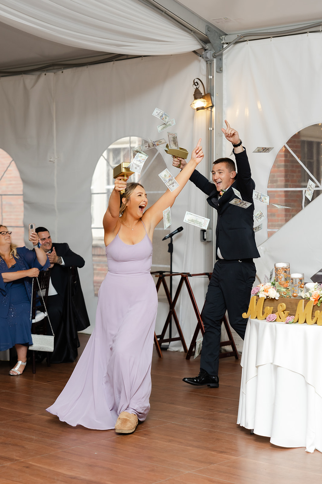 fun wedding reception entrance of bridesmaid 