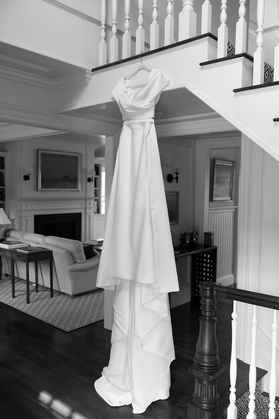 black and white photo of the wedding dress